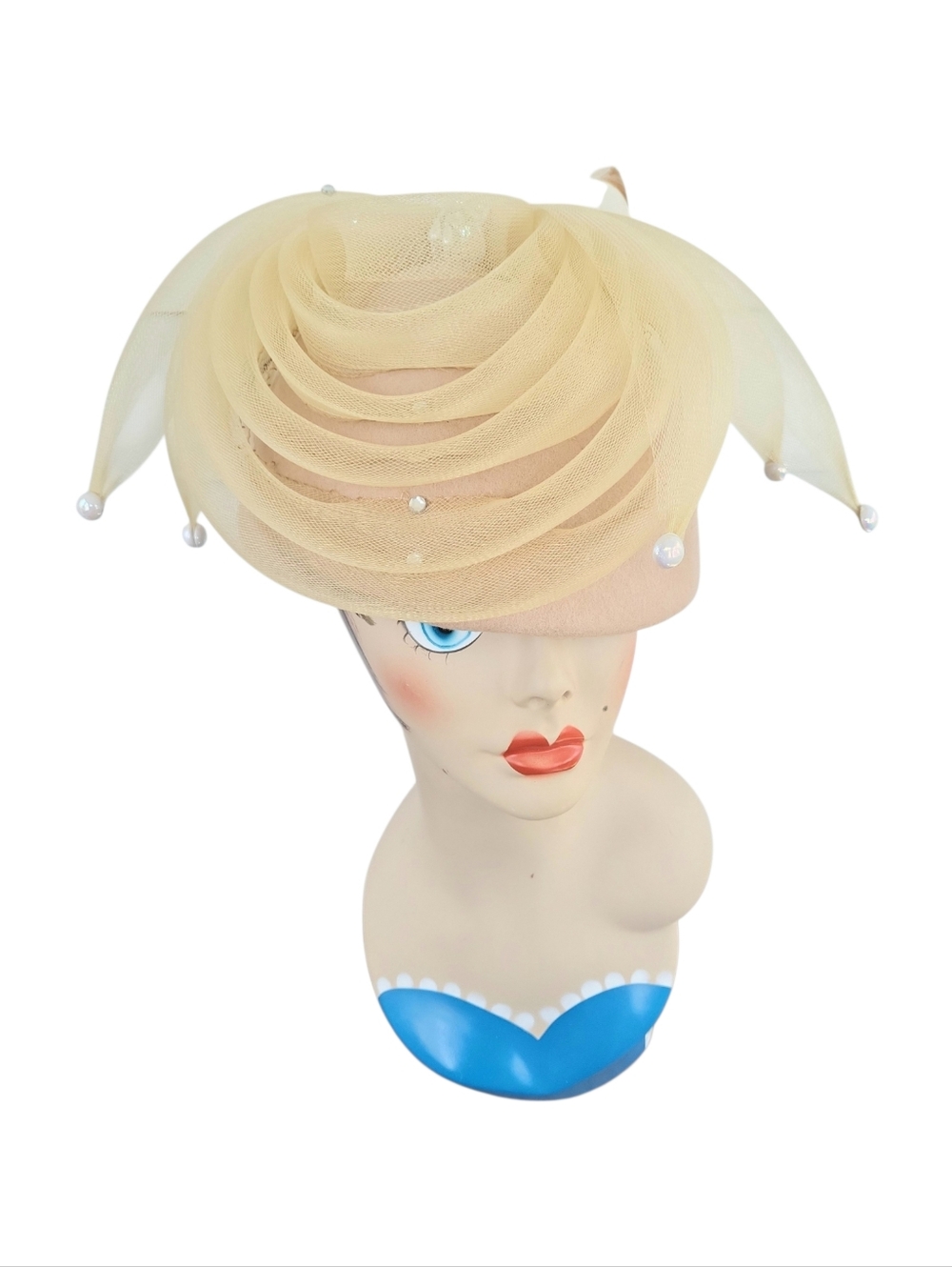 Vintage Lily Lee Beige Formal Tulle & Feather Embellished Pillbox Hat